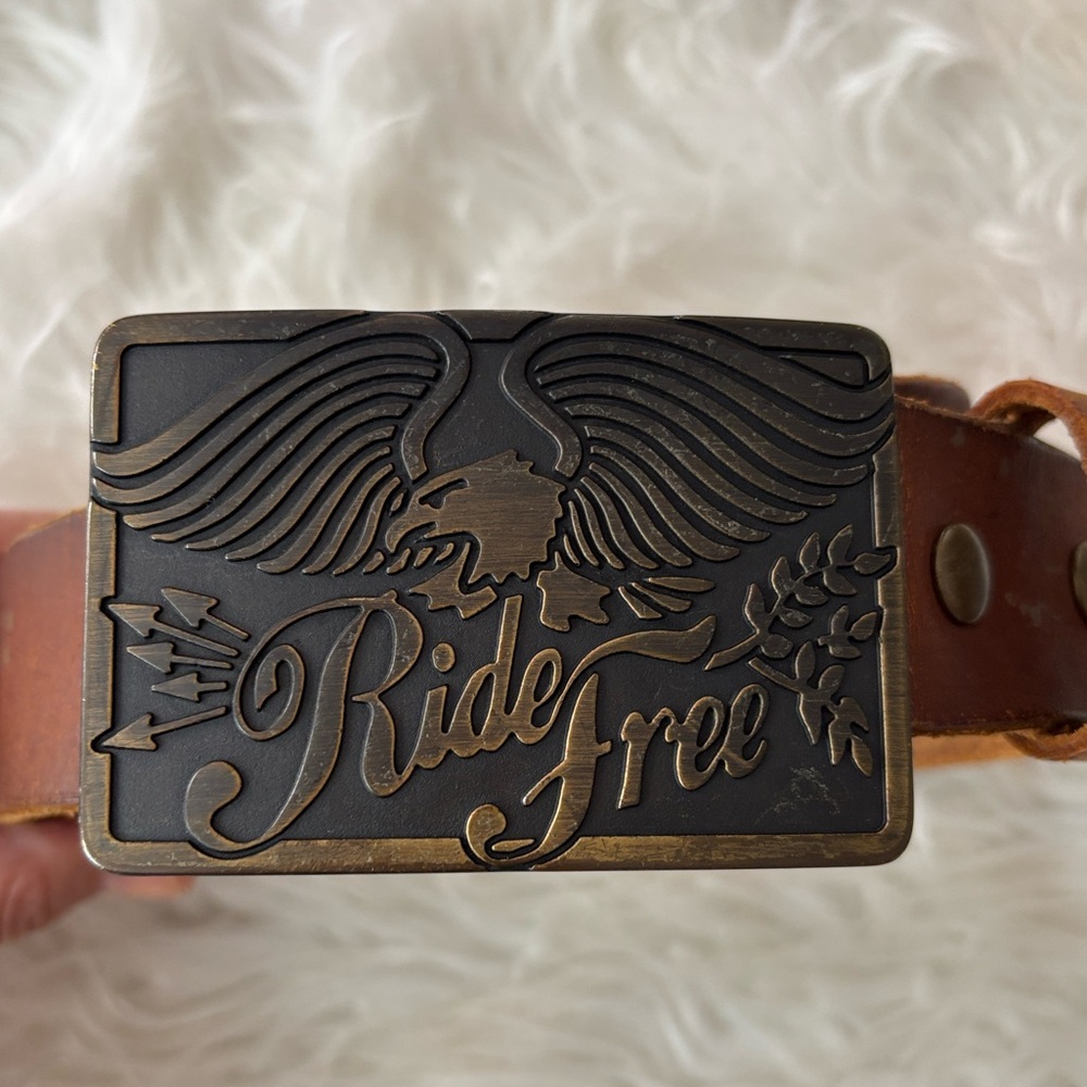Vintage American Eagle Ride Free Brass Color Buckle & Brown Leather Belt